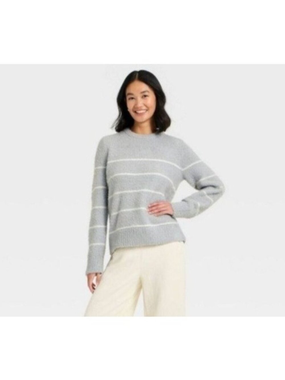 A New Day Women's Gray White Stripe Fuzzy Knit Boxy Sweater XS Recycled NWT